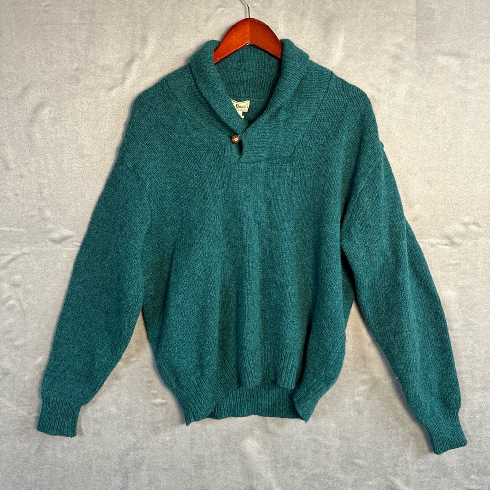 Vintage LL Bean Mens L Wool Nylon Cowl Neck Fisherman Sweater Green USA 80s